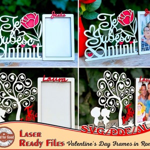 May include: Two white wooden picture frames with a laser cut design. The frames are decorated with a red flower and the text "Te iubesc infinit" which translates to "I love you infinitely" in Romanian. The frames are perfect for Valentine's Day.