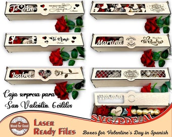 Caja de rosas en español - 6 diseños cortados con láser - Svg - Pdf - Ai - Día de San Valentín - Un regalo para tu ser amado - Caja de regalo - Caja de rosas
