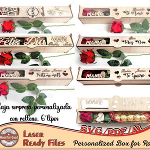 Caja de regalo - 6 diseños cortados con láser en español - Svg - Pdf - Ai - Regalo para el día de la madre - Regalo para el maestro - Caja de rosas