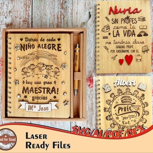 May include: A set of three laser-cut wooden notebooks with personalized messages. The notebooks feature a teacher theme with illustrations of children and stars. The notebooks are in a wooden box with a pen.