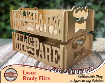 Father&#39;s Day collapsible  tray in Spanish and Catalan. Layout of laser cutting SVG,pdf, ai, dfx