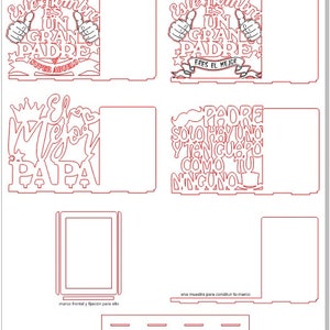 May include: A digital design template for a Father's Day card. The design features a red outline of a frame with the words "Este hombre es un gran padre" and "Eres el mejor" in black text. The design also includes a red outline of a frame with the words "El mejor papa" and "Padre solo hay uno y tengo uno como tu ninguno" in black text.