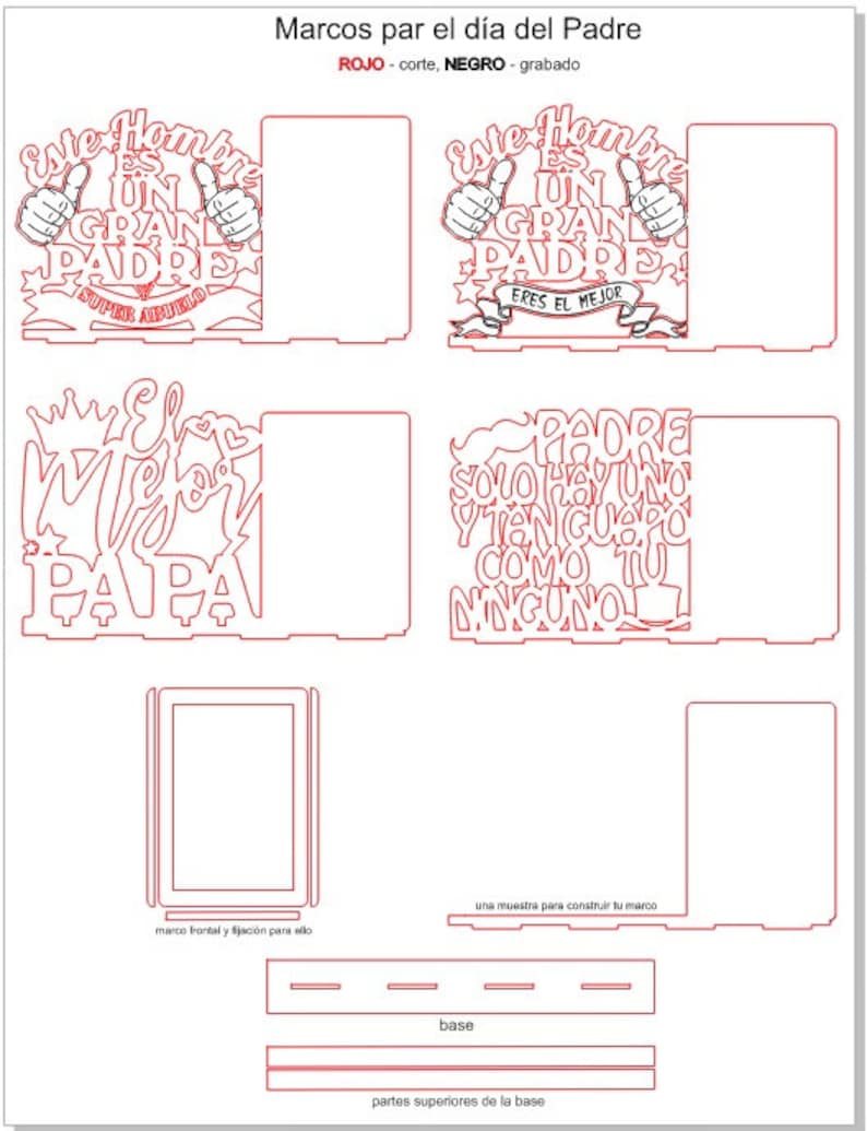 May include: A digital design template for a Father's Day card. The design features a red outline of a frame with the words "Este hombre es un gran padre" and "Eres el mejor" in black text. The design also includes a red outline of a frame with the words "El mejor papa" and "Padre solo hay uno y tengo uno como tu ninguno" in black text.