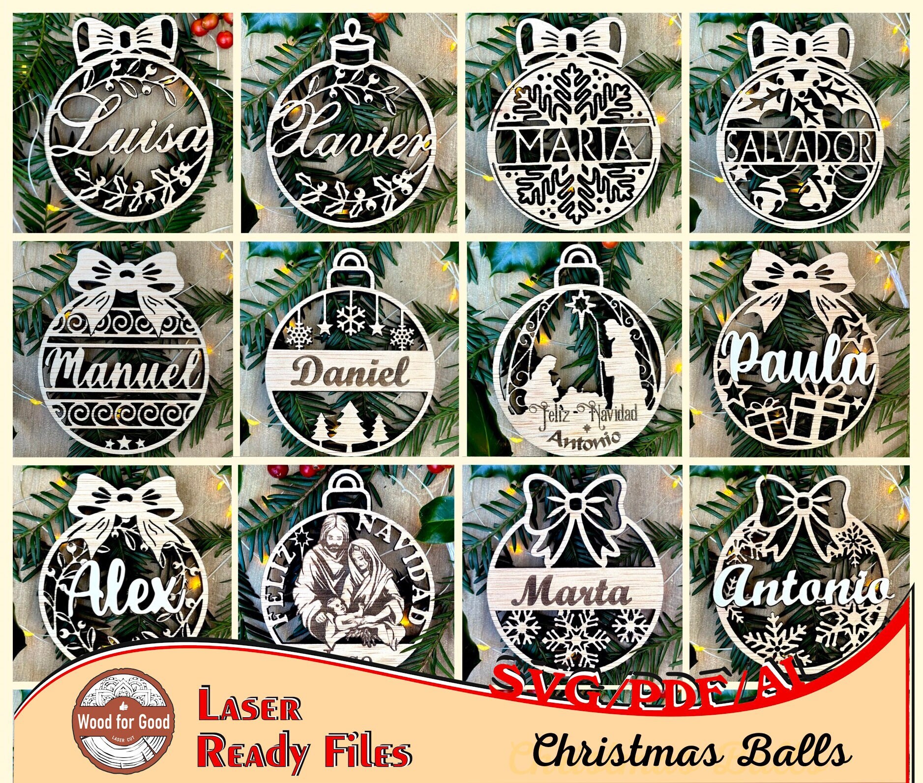 Personalized Christmas balls - File for laser cutting - Instant download - Svg - Pdf - Ai