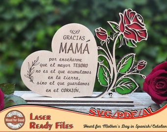 Regalo Corazón para Mamá en Español y Catalán / Regalo día de la madre / Diseño Corte Laser / Archivo de corte / Pdf / Svg / Ai