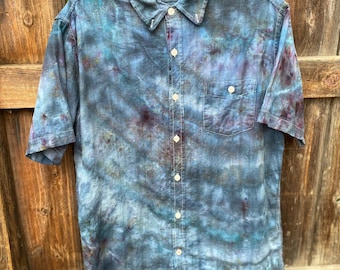 Ice Dyed Linen Shirt: Men's Medium Short Sleeve Tie Dye Button Up