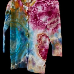 Gumball colored Ice dyed 3/4 sleeve cardigan sweater~ geode style tie dye