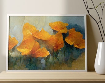 Golden California Poppies Floral Painting Wall Art Digital Print