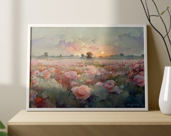 Dawn Sunrise Roses Garden aquarel schilderij kunst bloemsierkunst digitale print landschap
