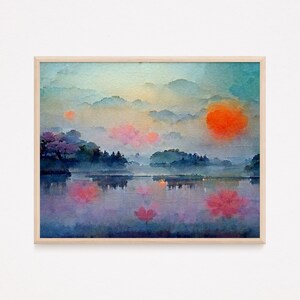 Misty Lake Sunrise I, Colorful, Watercolor, Painting, Wall Art, Digital Download, Print