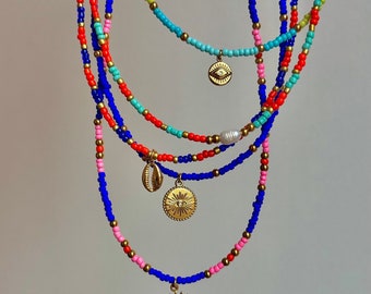 Collana girocollo con perline blu elettrico e oro con pendente a forma di occhio, acciaio inossidabile e gioielli regolabili