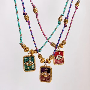Adjustable boho necklace - rectangular tarot card amulet pendant with protective eye - colorful glitter cord - stainless steel