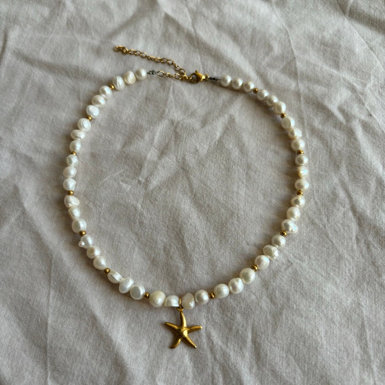 Collier ras de cou perles deau avec pendentif étoile de mer en acier inoxydable image 3