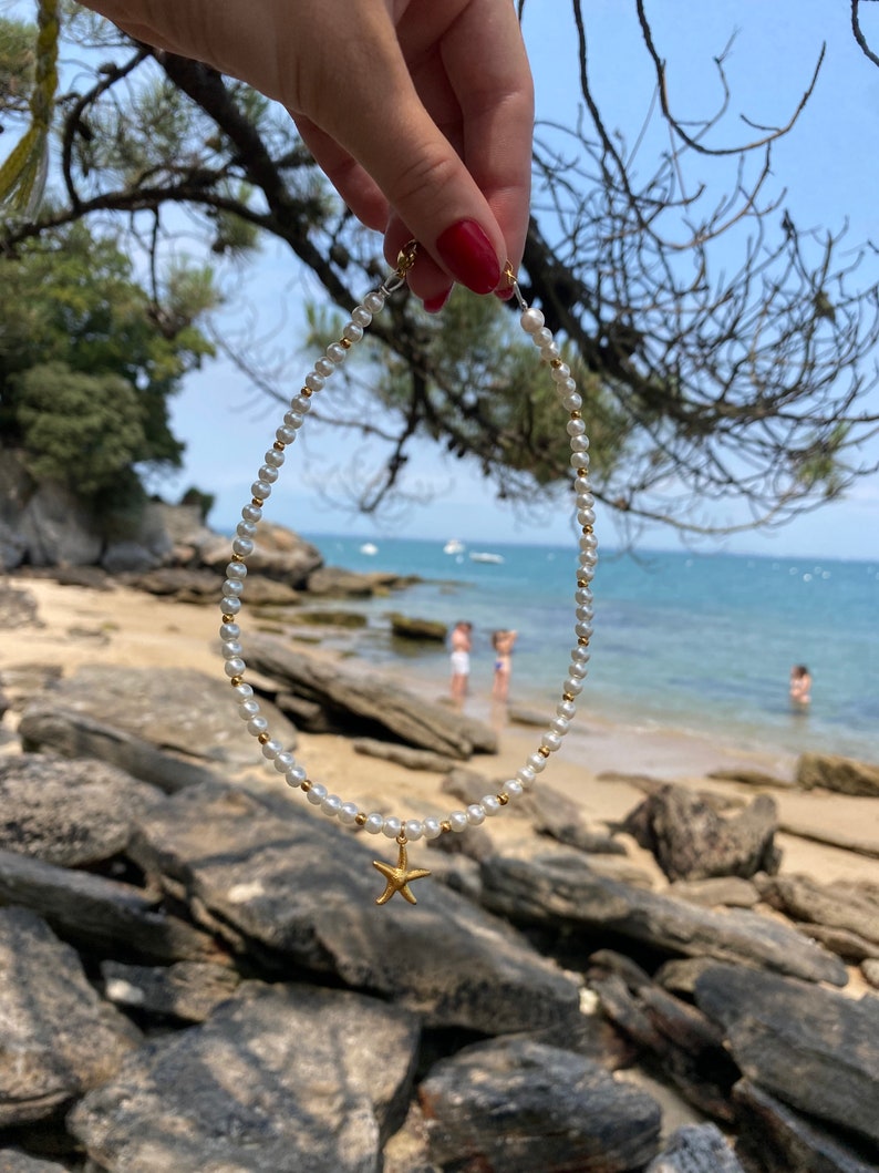 Collier ras de cou perles deau avec pendentif étoile de mer en acier inoxydable image 6