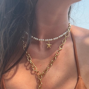 Collier ras de cou perles deau avec pendentif étoile de mer en acier inoxydable image 1
