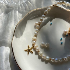 Collier ras de cou perles deau avec pendentif étoile de mer en acier inoxydable image 2