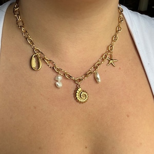 Charm-halsband med hamrad kedja och hängen i rostfritt stål och pärlemor