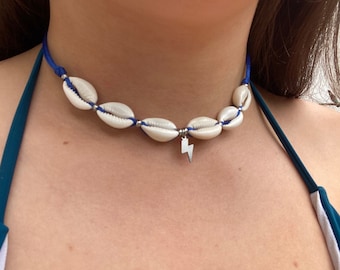 Cowrie shell choker necklace with satin stainless steel cord