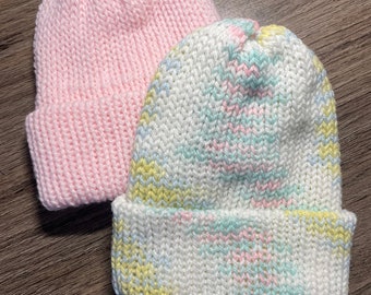 Handmade double knitted newborn/infant/baby hat. Pink or Multi-colored