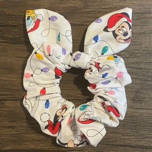 Scrunchie made with licensed Mickey and friends Christmas lights fabric