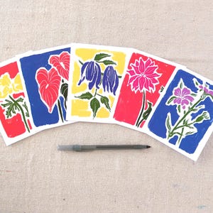 Floral Greeting Cards (5-Pack): Original Flower Illustrations, Artsy Stationery, Red, Purple, Yellow Set