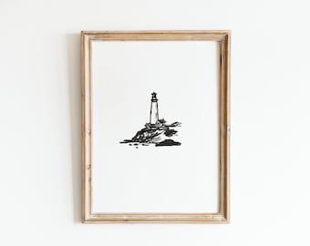 Lighthouse Art Print Minimalist Nautical Drawing Lake Sketch Lighthouse Wall Decor Lake House Art Seaside Cottage Vintage Nautical Art Ocean