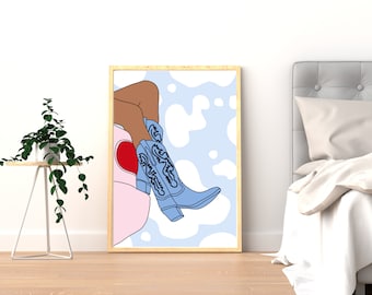 Cowboy Boots Wall Art Digital Print - Western Cow Print Retro Howdy Fashion Y2K Decor Girl Colourful Shoes Pink Blue Yeehaw Wall Art Poster