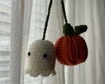 Crochet Ghost & Pumpkin Car Charm - Spooky Fall Ornament