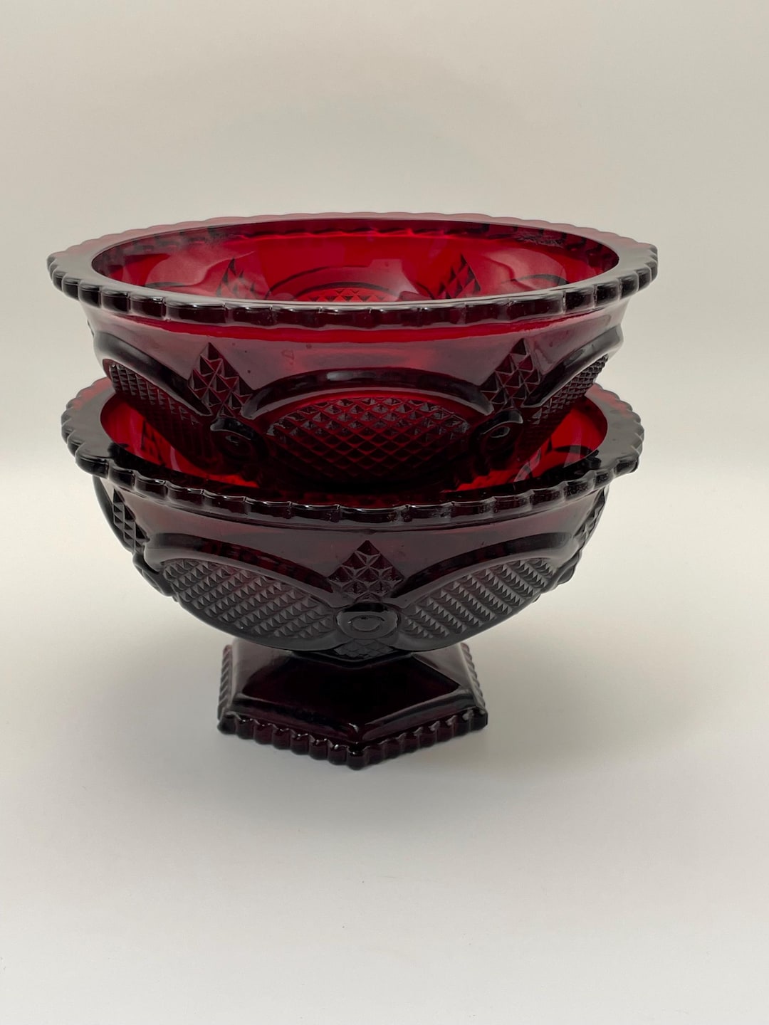 Vintage Avon 1876 Cape Cod Ruby Red Glass Dinnerware Collection, Footed ...