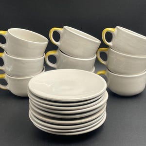 Vintage 50’s M.A. Hadley Hand Painted Pottery Yellow Stoneware Tea Cups with Saucers