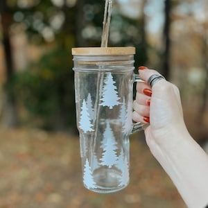 pine tree 24 oz handle glass cup, iced coffee glass, water glass cup, smoothie cup