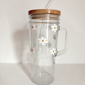 Daisy 24 oz handle glass cup, iced coffee glass, water glass cup, smoothie cup