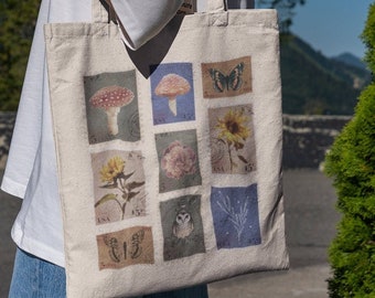 Patchwork Flora and Fauna Tote - Flora and Fauna - Mushroom Tote - Pinecone Tote -Butterfly Tote -Mushroom Tote Bag-Pinecone Tote -Butterfly