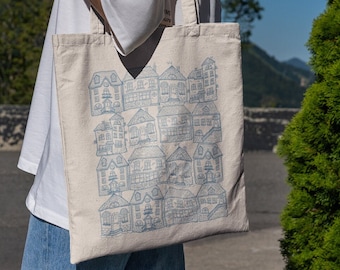 Cottages Tote - Bookish Tote - Book Lover Tote - Cottagecore Tote - City Tote - Simple Canvas Tote - Aesthetic Tote-Artsy Tote-Magazine Tote