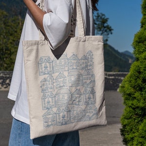 Cottages Tote - Bookish Tote - Book Lover Tote - Cottagecore Tote - City Tote - Simple Canvas Tote - Aesthetic Tote-Artsy Tote-Magazine Tote
