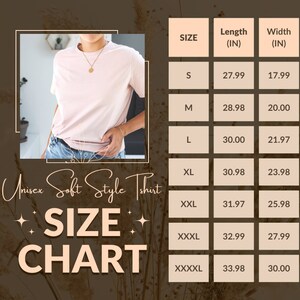 May include: Size chart for a unisex t-shirt, showing measurements in inches for sizes S, M, L, XL, XXL, XXXL, and XXXXL. The chart shows the length and width of each size.