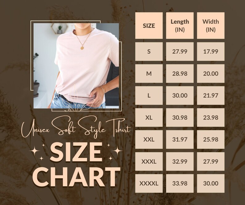 May include: Size chart for a unisex t-shirt, showing measurements in inches for sizes S, M, L, XL, XXL, XXXL, and XXXXL. The chart shows the length and width of each size.