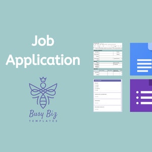 Pode incluir: Um gráfico com o texto "Job Application" e um logotipo de abelha com o texto "Busy Biz TEMPLATES". Existem três ícones que representam modelos do Google Docs: um documento azul com três linhas, um documento roxo com três linhas e um documento roxo com três marcadores.