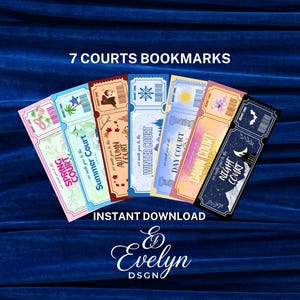 May include: Seven colourful bookmarks, each with a unique design and the words "7 COURTS BOOKMARKS" at the top. The bookmarks feature seasonal themes and the text "INSTANT DOWNLOAD" and "Evelyn DSGN".