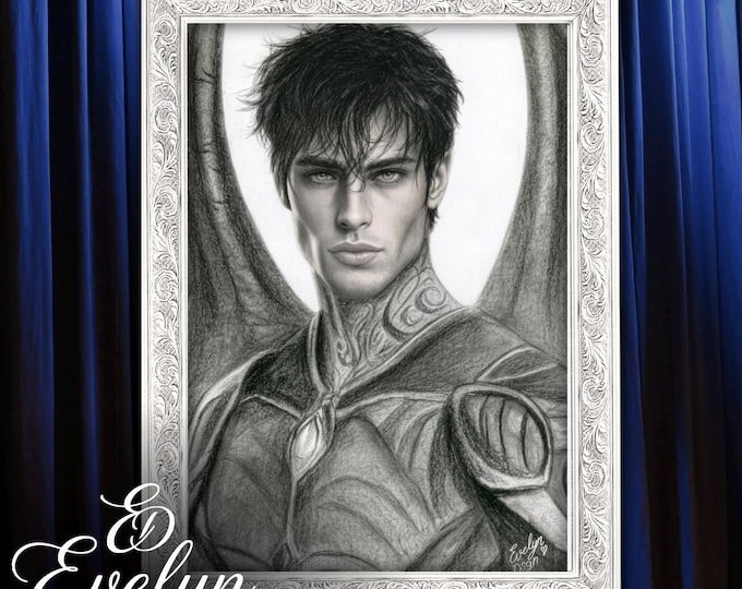 Featured listing image: Shadowsinger Inspired Graphite Portrait Print | Dark Fantasy Bookish Wall Art | Realistic Pencil Drawing, Classic Matte Paper Poster