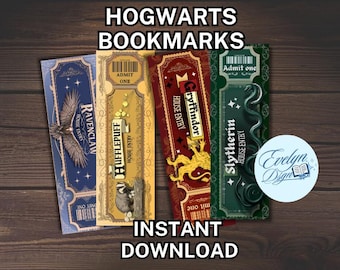 Printable Bookmarks Set, Magic School House Colors, Fantasy Ticket Design, Book Lover Gift, Instant Download PDF, Literary Bookmark