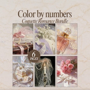Könnte beinhalten: Ein digitaler Kunstdruck mit dem Titel "Color by numbers Coquette Romance Bundle". Das Bild zeigt sechs Tafeln mit romantischen Themen, darunter Perlen, Bänder, Blumen, Parfüm und Kuchen. Die Farbpalette ist weich, mit Rosa, Weiß und Pastelltönen.