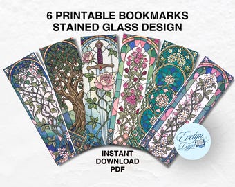 Set di segnalibri in vetro colorato, segnalibri stampabili in PDF, disegni Art Nouveau con alberi e fiori, download immediato, regalo per gli amanti dei libri.