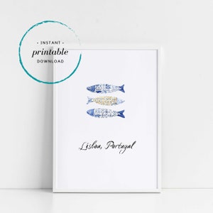 Aquarell PortugiesischE Azulejos Illustration Druck, Wand Kunstdruck, SardinenFarbe, Kinderzimmer Dekor, Lissabon, Kinderzimmer, Lisboa Zeichnung