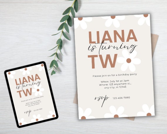 Girls Birthday Invitation, Floral Boho Daisy Girls Theme.