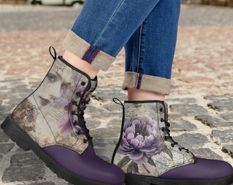 Purple Floral Junk Journal Boots: Unisex Bespoke Design