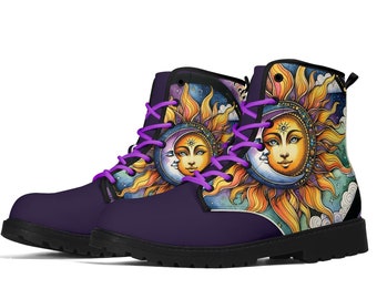 Purple celestial sun moon and starts boots Women's Upgraded Black Outsole Leather Boots