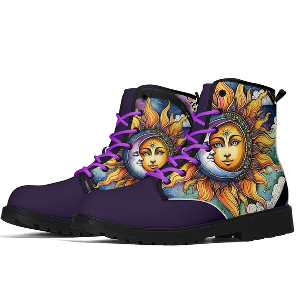 Purple celestial sun moon and starts boots Women's Upgraded Black Outsole Leather Boots