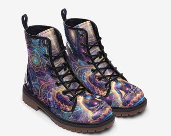 Galaxy Combat Boots | Celestial Mandala Boots | Iridescent Festival Boots | Boho Hippie Alternative Shoes | Cosmic Goth Boots