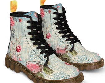 Blue and pink floral pastel boots, flowered boots, unique boots,  Women&#39;s Canvas combat Boots, custom made boots, unique shoes, boho boots